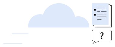 Uçan çizgileri olan bulutlar, yığınla doküman, soru işareti olan konuşma balonu. Çevrimiçi depolama, veri paylaşımı, işbirliği, iletişim, takım çalışması, bilgi teknolojisi için ideal düz