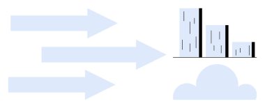 Bulutun üstündeki bir bar tablosunu gösteren üç ok gelişimi, büyümeyi, veri eğilimlerini ve bulut hesaplamasını sembolize ediyor. İş dünyası, üretkenlik, teknoloji, yenilik veri görselleştirmesi için ideal