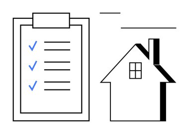 Kontrol listesi ve işaret işaretli pano bir evin ana hatlarının yanında. Planlama, gayrimenkul yönetimi, organizasyon, ev projeleri, görev öncelikleri, verimli iş akışları için ideal. Basit.
