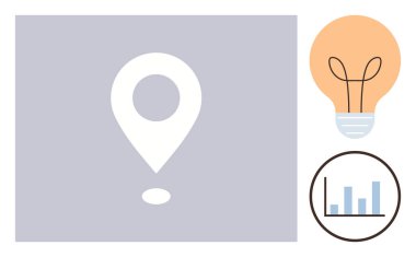 Konum iğnesi, yenilik için ampul, veri analizi için dairesel bar grafiği. Navigasyon, strateji, fikir üretimi, iş zekası, yaratıcılık teknolojisi pazarlaması için idealdir. Basit düz