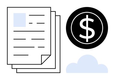 Yığınla belge, cesur dolar işareti ve bulut grafiği. Finans, muhasebe, dijital ekonomi, bütçe hesaplama, veri depolama, uzak iş kavramları için ideal. Basit düz metafor