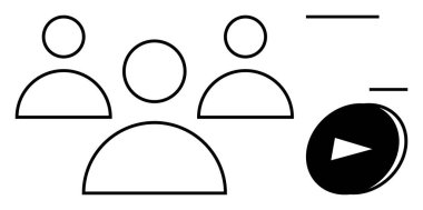 Üç özet insan figürünün yanı sıra bir çalma tuşu ve çizgiler iletişim, medya paylaşımı ve işbirliği temaları çağrıştırıyor. Takım çalışması, yönetim, dijital medya ve sosyal bağlantı için ideal