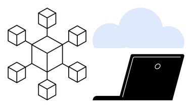 Bir bulut ve dizüstü bilgisayara bağlı engelleme ağı yapısı. Teknoloji, ademi merkeziyet, bulut hesaplama, veri güvenliği, yenilik, web geliştirme, dijital çözümler için idealdir. Basit bir daire.
