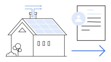 Profil simgesi ve yön okuyla veri sistemine bağlı güneş paneli donanımlı akıllı ev. Yenilenebilir enerji, otomasyon, eko-yaşam, teknoloji, IOT, yenilik, basit düz metafor için ideal