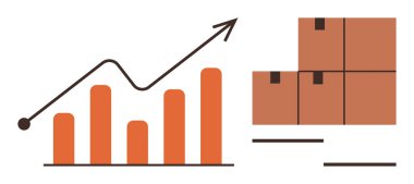 Sevkiyat kutularının yanında yukarı doğru trend çizgisi olan bar tablosu. Büyüme, lojistik, e-ticaret, satış, envanter yönetimi, ticaret, iş tahminleri için ideal. Basit düz metafor