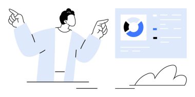 Erkek figürü pasta grafiği ve veri ekranına doğru hareket eder, açıklama veya sunum önerir. İş stratejisi, analitik, takım çalışması, teknoloji, eğitim, üretkenlik, karar verme mekanizması için ideal