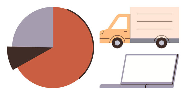 Пирог график, грузовик доставки и ноутбук предлагают анализ, цепочку поставок, логистическое планирование и понимание данных. Идеально подходит для ведения бизнеса, операций, транспортной статистики