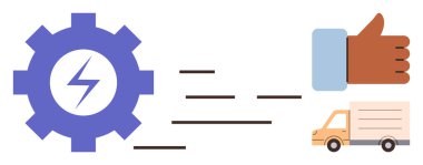 Yıldırımlı teçhizat, enerji verimliliğini, güvenilirliğini, onayını ve ilerlemeyi temsil eden başparmaklar ve dağıtım kamyonuna doğru hareket çizgileri. Lojistik, enerji ve çevre dostu taşımacılık için ideal