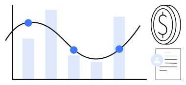 Veri noktaları, bar tablosu, dolar işareti madeni para ve belge sembollü çizgi grafiği. İş, finans, analitik, istatistik büyüme ekonomisi karar verme süreci için idealdir. Basit düz metafor