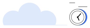 Bir saat simgesinin yanında, veri depolama, zamanlama ve zaman verimliliğini temsil eden, basitleştirilmiş detaylara sahip büyük bir açık mavi bulut. Veri senkronizasyonu, bulut hesaplaması, üretkenlik, organizasyon için ideal