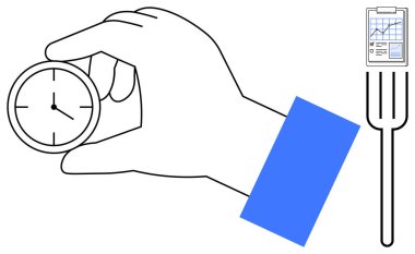 Dakiklik için elle kavrayan saat, kırıkları belirten çatal, analiz panosu. Zaman yönetimi, iş hayatı dengesi, organizasyon, üretkenlik, öncelik, strateji için ideal