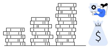 Yükselen yüksekliği olan bozuk paralar, bir dolar işareti para çantası ve bir dişli yapboz parçasını analiz eden oturan bir kadın. Finans, tasarruf, yatırım, iş geliştirme ve ekonomik planlama için ideal
