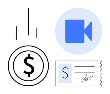 Dolar işaretli sikke, imzalı kontrol ve video kayıt ikonu dijital ödemeleri, uzaktan işlemleri ve sanal ticareti gösteriyor. Finans, e-ticaret, uzaktan çalışma, çevrimiçi için ideal