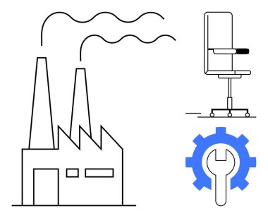 Bacaları duman çıkaran sanayi fabrikası, ergonomik ofis koltuğu ve vites kolu. Üretim, endüstri, üretkenlik, işyeri ergonomisi, bakım, işlemler için ideal