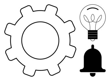 Vites işlevselliği sembolize eder. Ampul fikri simgeler ve alarm zilini çalar. Kavramların ideali teknolojiyi, yeniliği, ayarları, bildirimleri, modernizasyonu, yaratıcılığı ve ilerlemeyi destekliyor