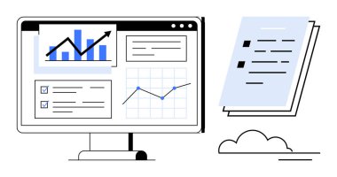 Masaüstü monitörü veri grafiklerini, çizelgelerini ve kontrol listelerini rapor kağıtlarını istiflemenin yanında gösteriyor. İş analizleri, performans takibi, verimlilik, finansal analiz ve veri incelemesi için ideal