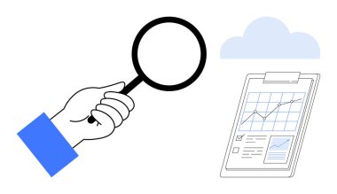 El ele tutuşan büyüteç, içinde grafikler, kutular ve bulut grafikleri olan bir pano. Araştırma, analiz, veri incelemesi, verimlilik, değerlendirme araştırma eğitimi için ideal. Çok basit.