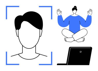 Yüz tanıma taraması, insan meditasyonu, ve laptop tasvir teknolojisi, farkındalık, denge, dijital kimlik doğrulama, kimlik doğrulama, kişisel sağlık, ve düz bir mecazda ruh sağlığı.