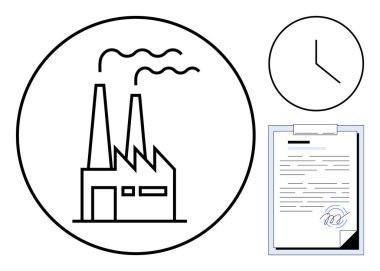 Bacaları duman çıkaran fabrika, zaman yönetimini sembolize eden saat, yönetmeliği vurgulayan imzalı belge. Endüstri, üretim, uyum, süreç verimliliği ve yönetim için ideal