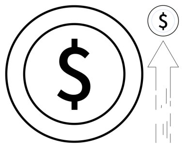 Zenginliği temsil eden bir çemberdeki dolar işareti, yanında yükselen bir ok ile birlikte finansal büyümeyi, ilerlemeyi, başarıyı ve yatırımı simgeliyor. İş, finans, bankacılık, tasarruf ekonomisi için ideal