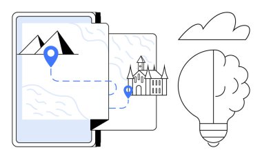 Dağlar ve şato için konum işaretleri olan akıllı telefon haritası, noktalı bir yol ile bağlı, bir bulut ve yarı aydınlatma ampulü ile birlikte. Seyahat, yaratıcılık, keşif, navigasyon için ideal