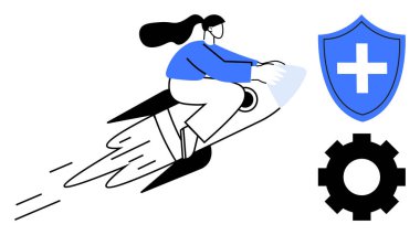 Uçan roketteki kadın gelişimi simgeliyor, güvenlik ve sağlık için çapraz kalkan ve teknoloji için teçhizat. Başlangıç büyümesi, yenilik, sağlık, üretkenlik, güvenlik ve gelecek için ideal