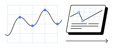 Çizilmiş noktalar, bağlı eğri ve belge gösterim grafiği eğilimlerine sahip çizgi grafiği. Analiz, strateji, büyüme, içgörü, araştırma planlama eğitimi için idealdir. Basit düz metafor