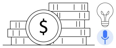 Ekonomik büyüme için bir dolar işareti, yaratıcılık için bir ampul ve iletişim için bir mikrofon. Finans, yenilik, podcastlar, beyin fırtınası, yatırım, liderlik için ideal