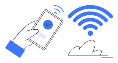 Kontrol işaretli akıllı telefon mavi kablosuz ikona sinyal gönderir. Bağlantı, iletişim, teknoloji, kablosuz erişim, ağ, bulut hizmetleri, dijital verimlilik için ideal. Basit.