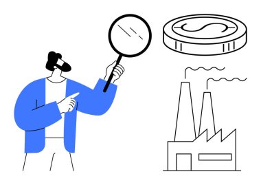 Fabrikanın üzerinde madeni paraları inceleyen, mali analiz, ekonomi, iş dünyası, endüstriyel büyüme, çevresel etki, kaynak yönetimi, karar verme mekanizmasını tasvir eden kişi. Basit düz