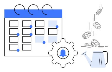 Takvim ekipmanı ve çan simgesi, bozuk paralar kavanoza düşüyor. Planlama, hatırlatma, tasarruf, yatırım, mali hedefler, bütçe ve zaman yönetimi için ideal. Basit bir düz metafor.