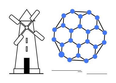 Yenilenebilir enerji, teknoloji ve bilimsel keşfi sembolize eden moleküler ağ diyagramının yanında yel değirmeni. Sürdürülebilirlik, mühendislik, yenilik, temiz enerji, gelecekteki teknoloji için ideal