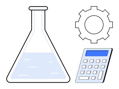 Sıvı, dişli ve hesap makineli kimya şişesi bilim, teknoloji, mühendislik, problem çözme, araştırma, yenilik ve takım çalışmasını sembolize ediyor. BTMM kavramları analizi ve düz konsept için ideal