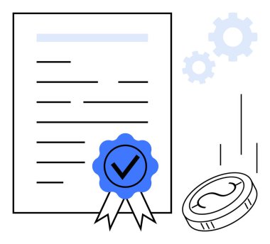 Mavi işaret mührü, düşen para ve vites kutuları güven, özgünlük, onay, finans ve başarıyı sembolize ediyor. Sertifika, banka sözleşmeleri ve anlaşmalar için ideal