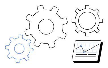 Birbirine bağlı dişliler performans grafiği optimizasyonu, verimliliği ve işbirliğini vurguluyor. İş akışı, yönetim, yenilik, takım çalışması, strateji verimliliği operasyonları için ideal. A