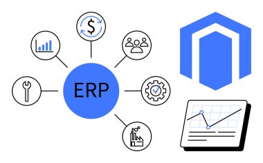 Merkezi ERP sistemi finans, ekip, araçlar, büyüme, ayar simgeleri ve çubuk grafikleriyle çevrili. İş yönetimi için ideal, optimizasyon, planlama analitik otomasyon iş akışı için basit düz