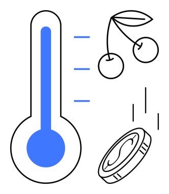 Mavi eğimli termometre, kiraz ve bozuk para ölçü, denge, mali kararlar ve büyümeyi sembolize eder. Denge, değerlendirme, ekonomi verimlilik sağlık planlaması için ideal