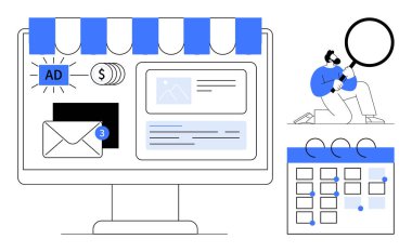 E-posta, reklam, finans simgeleri, büyüteçle analiz eden kişi ve takvim planlı masaüstü monitörü. Pazarlama stratejisi, e-posta yönetimi, iş planlaması, analitik programlama için ideal