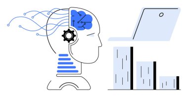 Yapay zekayı, makine öğrenmesini, veri analizini ve yeniliği temsil eden bir dizüstü bilgisayara ve bar grafiklerine bağlı beyin devreleri olan insan kafası. Teknoloji, araştırma, otomasyon, bilgisayar ve analitik için ideal
