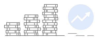 Yuvarlak şekilli yükselen bir okun yanında madeni para yığınları yükseliyor. Yatırım, kâr, ekonomi, tasarruf, iş büyümesi, finans ve zenginlik için ideal. Basit düz metafor