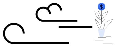 Tarzlı rüzgar, büyümeyi ve yatırımı sembolize eden para saksılarına doğru esiyor. Finans, sürdürülebilirlik, yatırım, büyüme, doğa, zenginlik ve yenilik için ideal. Basit düz metafor