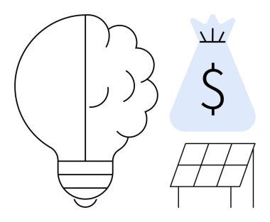 Bir beyin, güneş paneli ve para çantasıyla yenilenebilir enerji, yenilik ve finansal tasarrufları temsil eden bir dolar işaretini birleştiren ampul çizimi. Enerji, sürdürülebilirlik ve teknoloji için ideal