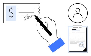 Kalem, kullanıcı simgesi ve imzalı belge ile elle kontrol ediliyor. Finans, işlem, iş, sözleşme, ödeme doğrulama kayıtları için ideal. Temiz ve basit düz metafor