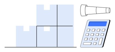 Envanter deposunu temsil eden kutular, görüşü ve planlamayı sembolize eden teleskop ve lojistiği analiz etmek için hesap makinesi. İş için ideal, tedarik zinciri, planlama, depolama, strateji