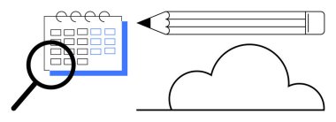 Takvim, kalem, büyüteç ve bulutları temsil eden programlama, araştırma, yaratıcılık ve bulut depolama. Zaman yönetimi ve organizasyon planlaması için ideal beyin fırtınası bulut hizmetleri