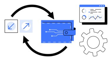Sayısal cüzdan dairesel oklarla gösterge paneline bağlanıyor, akış simgeleri işleniyor, ve bir vites. Finans, teknoloji, iş, yenilik, veri, optimizasyon için ideal basit düz metafor