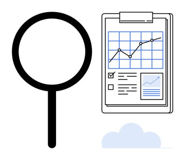 Grafik, kontrol listesi ve veri görselleştirmesi olan bir panonun yanında büyüteç. Analiz, araştırma, planlama, büyüme takibi, verimliliği denetleyen iş anlayışları için idealdir. Basit.