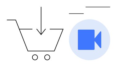Video oynatma simgesinin yanında aşağı doğru ok olan alışveriş arabası dijital içerik alımını veya indirmeyi sembolize eder. E-ticaret, çevrimiçi medya, dijital pazarlama, eğlence, teknoloji, akış için ideal