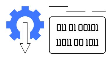 Mavi dişli, aşağı doğru ok ve dikdörtgen üzerine ikili kod. Teknoloji, kodlama, veri işleme, yazılım, otomasyon, dijital sistemler, yenilik kavramları için idealdir. Basit düz metafor