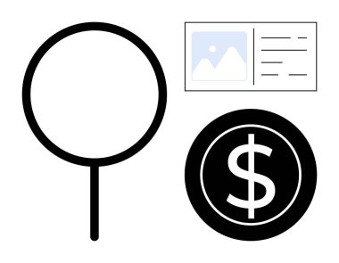 Finansal bir ikonun yanında büyüteç ve metinle dijital arayüz. Finans, iş, araştırma, analiz, yatırım, arama ve karar verme için ideal. Minimalist düz metafor